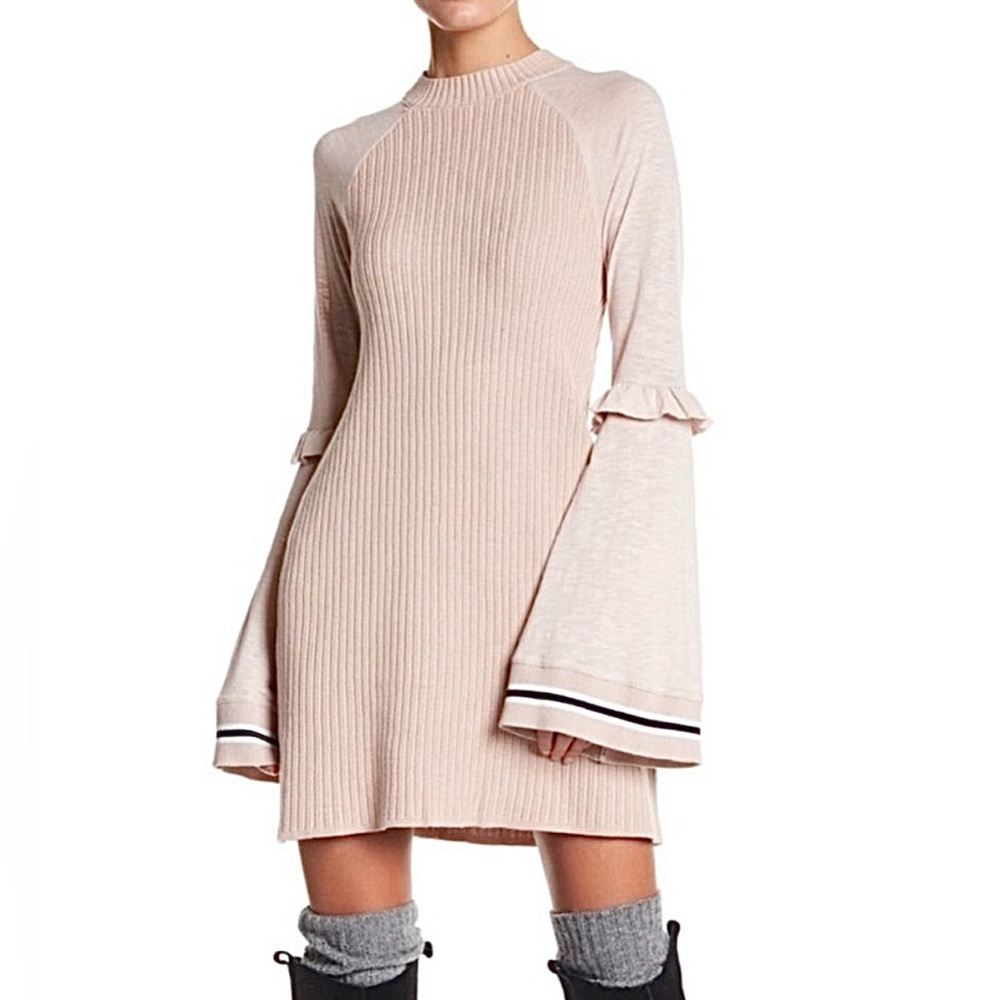Free People Zou Bisou Ruffle Bell Sleeve Knit Sweater Dress in neutral blush M‎ - Picture 2 of 10